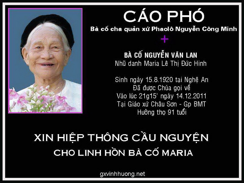 Cáo Phó: Bà Cố Maria, Thân Mẫu Cha Quản Xứ Phaolô Nguyễn Công Minh