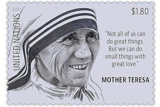 Con tem bưu chính của Liên hợp quốc tôn vinh Mẹ Teresa of Calcutta (ảnh: Cơ quan Bưu chính Liên hợp quốc)