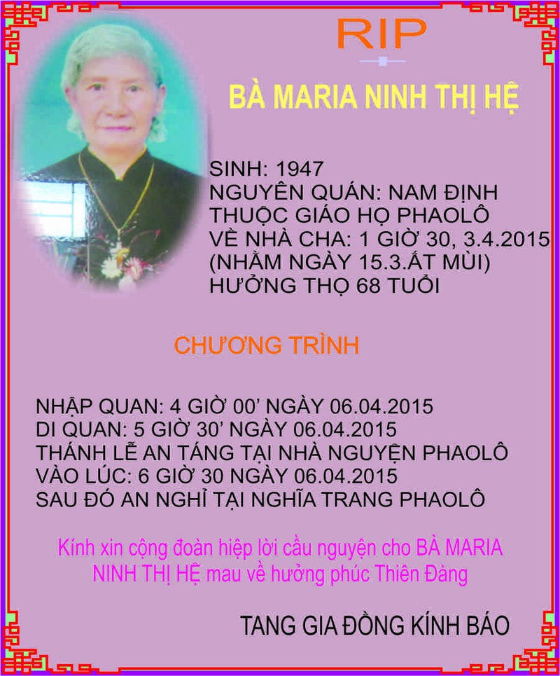 Cáo phó: Bà Maria Ninh Thị Hệ
