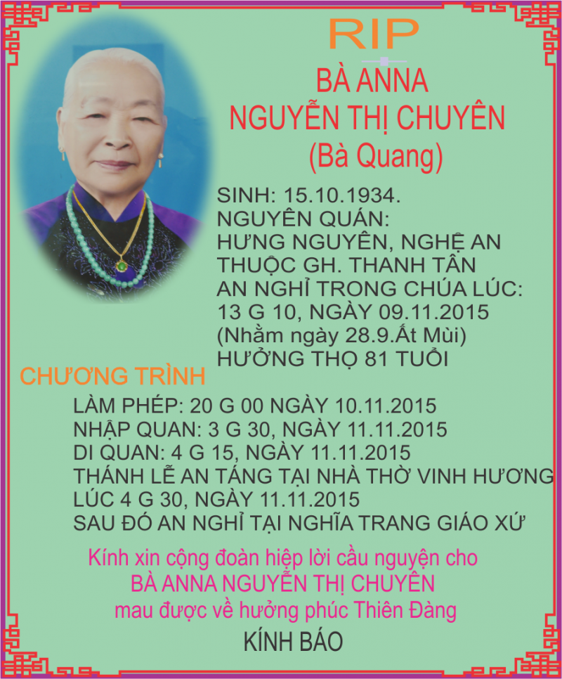 Ai tín: Bà Anna Nguyễn Thị Chuyên (Bà Quang)