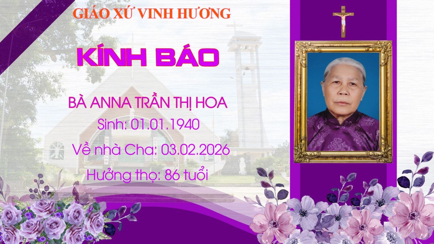 CÁO PHÓ: Bà Anna Trần Thị Hoa