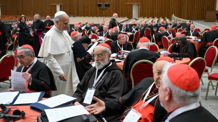 Đức Thánh Cha Lêô XIV và các Hồng y trong một phiên họp của Công nghị Ngoại thường (8/1/2026)